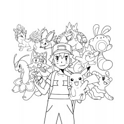 Ash with Pikachu and other Pokemon