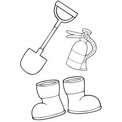 Fire extinguisher, shovel and boots