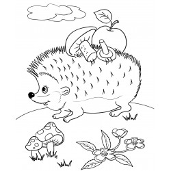 Hedgehog carrying mushrooms and an apple