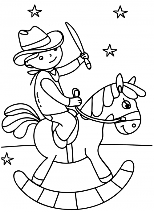 Cowboy on a toy horse coloring page