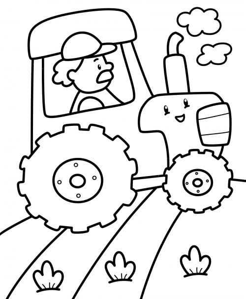 Farmer rides his tractor coloring page