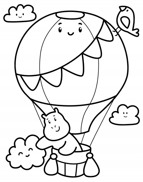 Hippo on a hot air balloon coloring page
