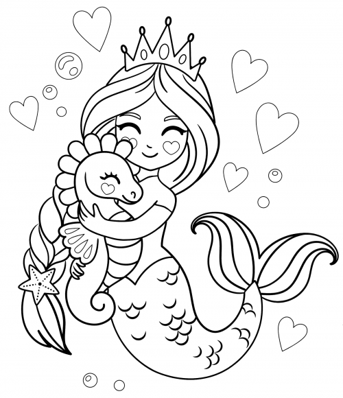 Mermaid and seahorse coloring page