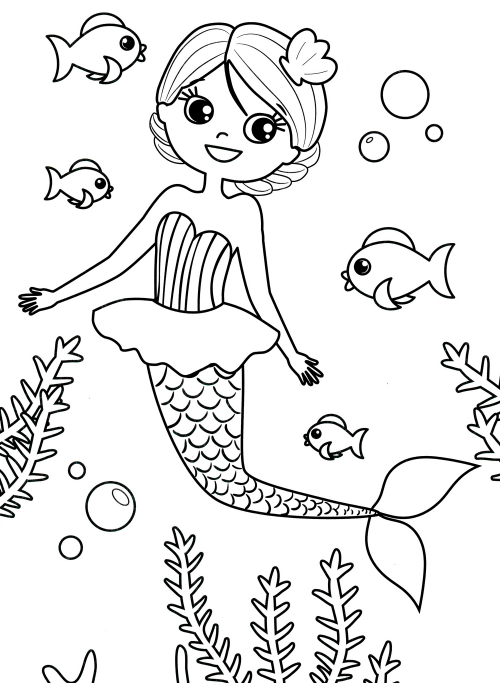 Mermaid with fish coloring page