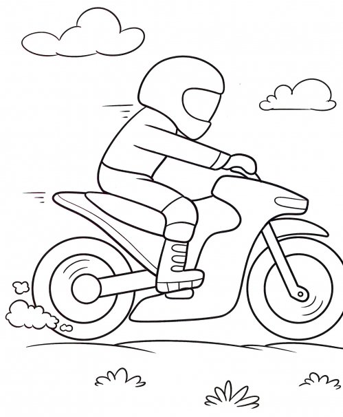 Motorcyclist at the wheel of a motorbike coloring page