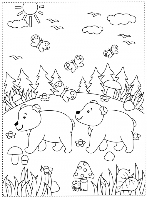 Bears walking through the woods coloring page