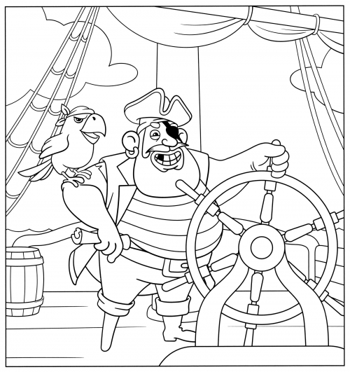 Pirate at the helm of a ship coloring page