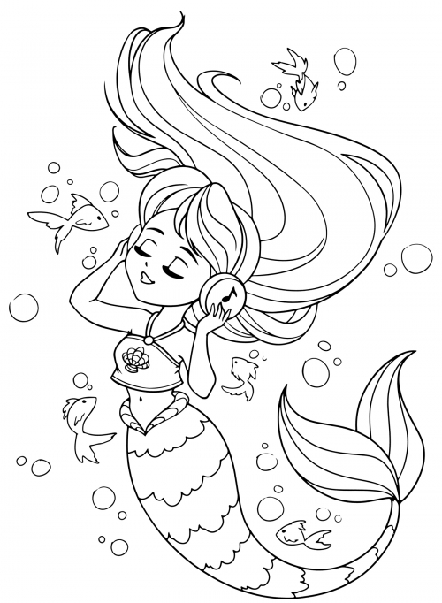 Mermaid with headphones coloring page