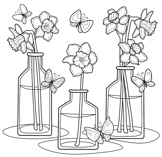 Flowers in vases coloring page