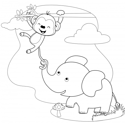 Elephant playing with monkey coloring page