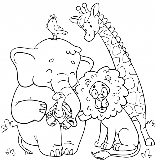 Animal friends come together coloring page