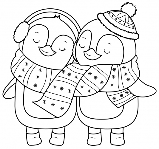 Two penguins in a scarf coloring page