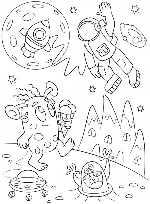 Aliens and cosmonaut coloring page