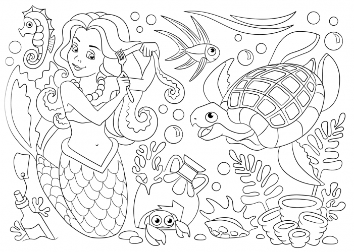 Mermaid and sea creatures coloring page