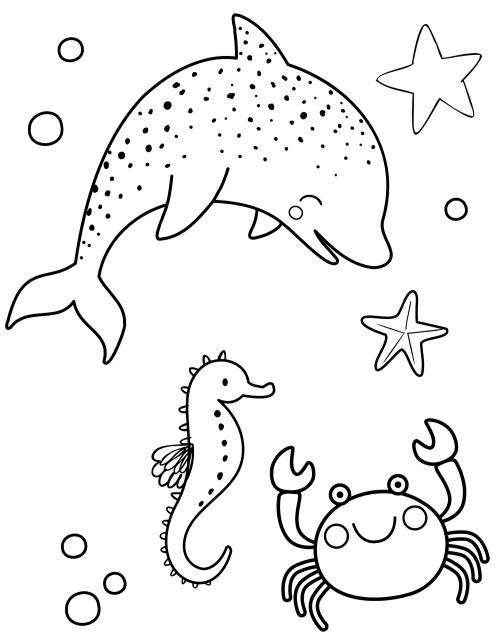 Dolphin, crab and seahorse coloring page