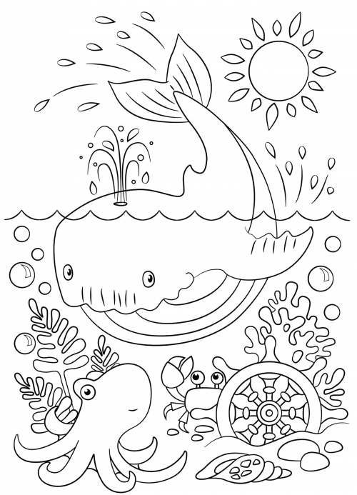 Whale and its friends coloring page