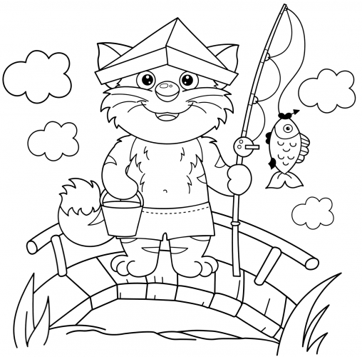 Cat on a fishing trip coloring page