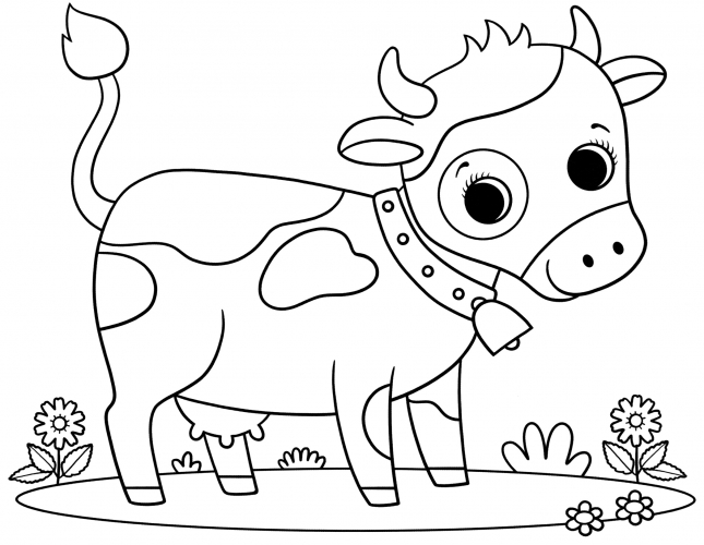 Cow grazes in a meadow coloring page