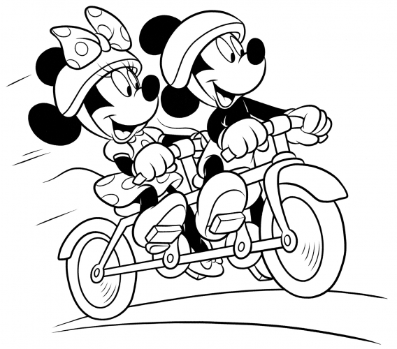 Minnie and Mickey on a bicycle coloring page
