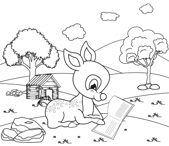 Reading fawn coloring page