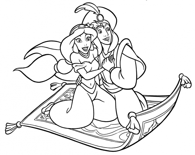 Jasmine and Aladdin on a magic carpet coloring page