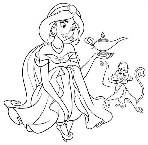 Jasmine and Abu the monkey coloring page