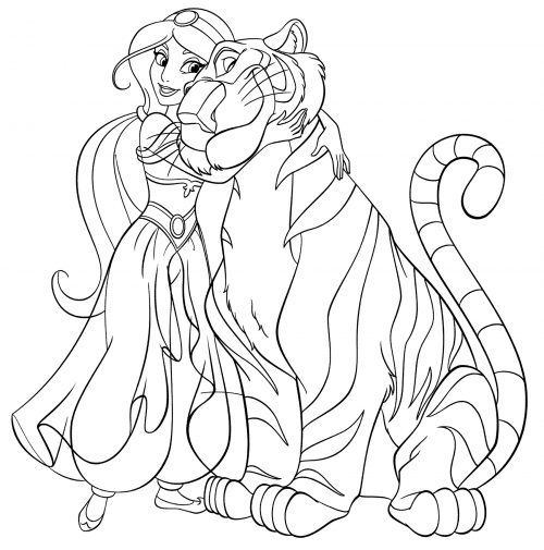 Jasmine and her faithful friend Rajah coloring page