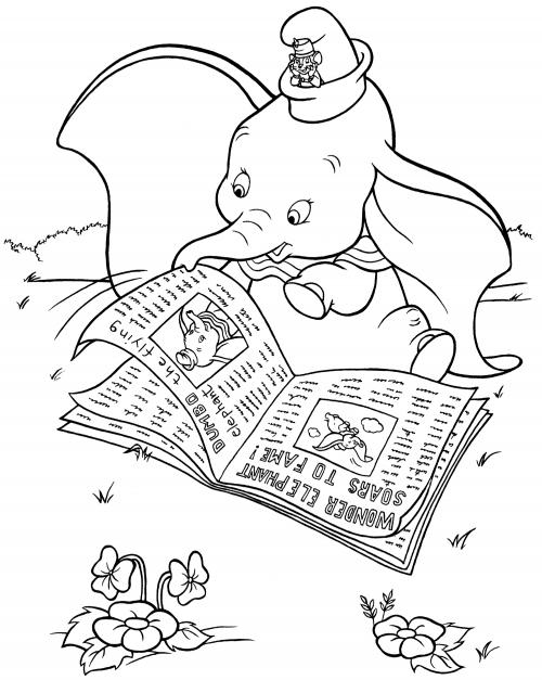 Dumbo reading the newspaper coloring page