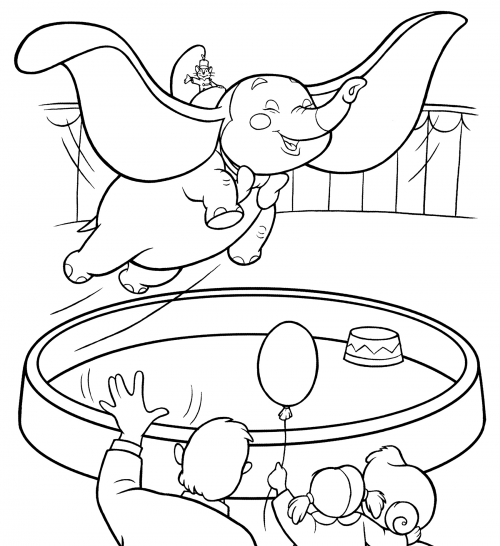 Dumbo flies in the circus coloring page