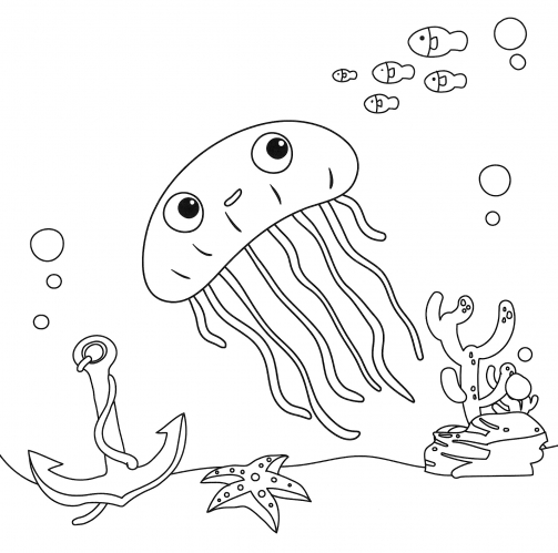 Jellyfish and anchor coloring page