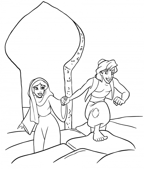 Jasmine goes by the hand with Aladdin coloring page