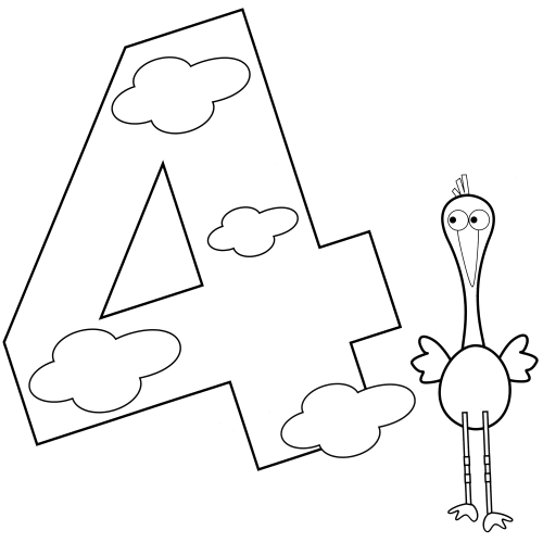 Number 4 and a bird coloring page