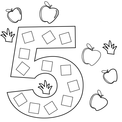 Number 5 and apples coloring page