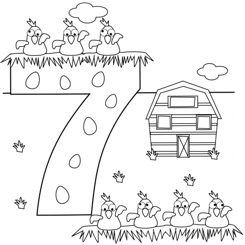Number 7 and hens coloring page