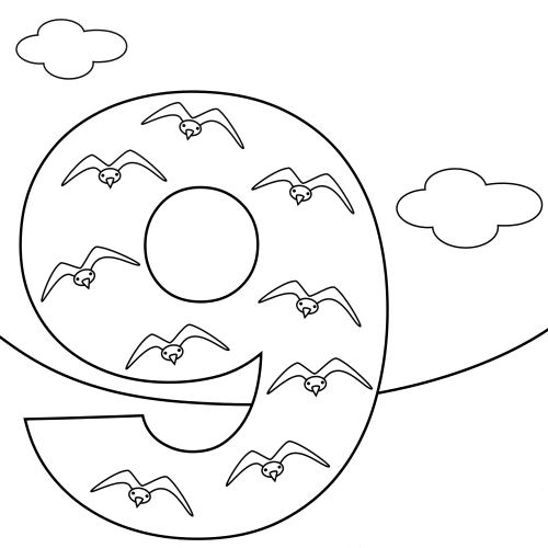 Number 9 and birds coloring page