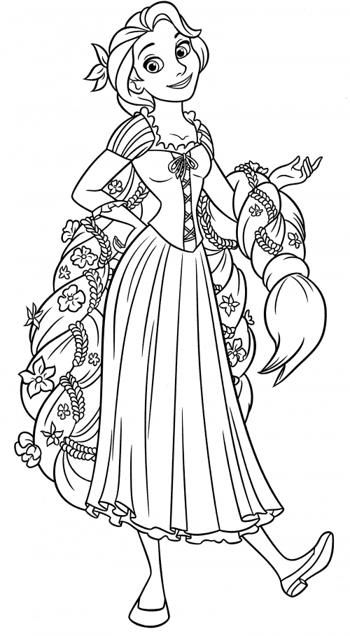 Rapunzel in a beautiful dress coloring page