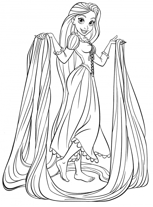 Rapunzel takes care of her hair coloring page