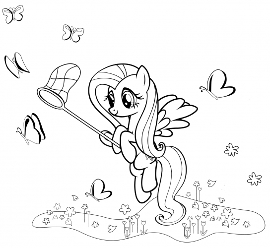 Fluttershy catches butterflies coloring page