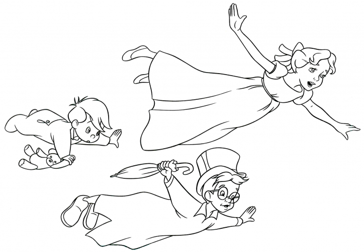 Wendy, John and Michael Darling in flight coloring page