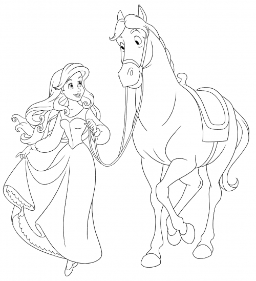 Ariel with a horse coloring page