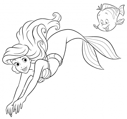 Ariel and Flounder swim coloring page