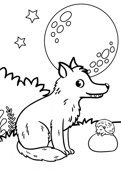 Wolf in front of the moon coloring page