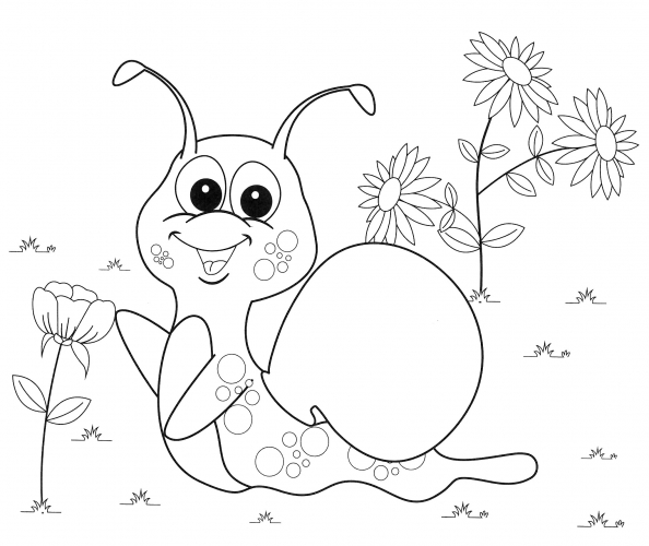 Snail among flowers coloring page