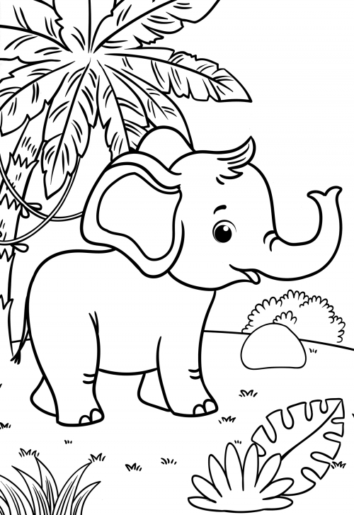 Elephant by the palm tree coloring page