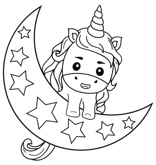 Unicorn riding in a crescent coloring page