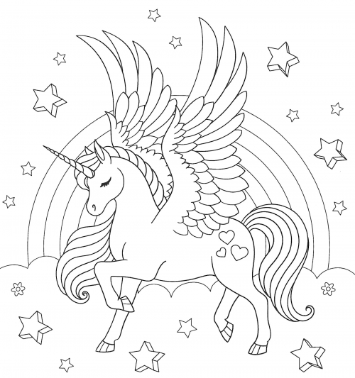 Unicorn against a rainbow coloring page