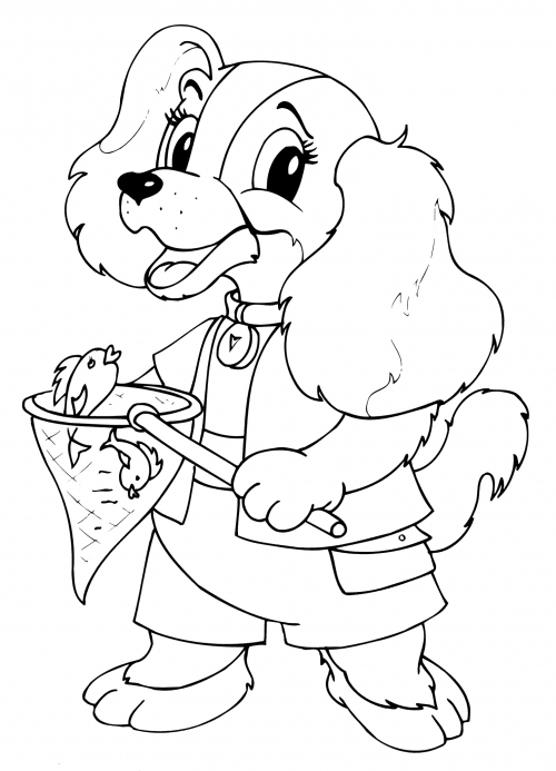 Puppy with a fish coloring page