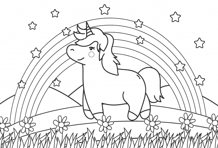 Unicorn in a meadow coloring page