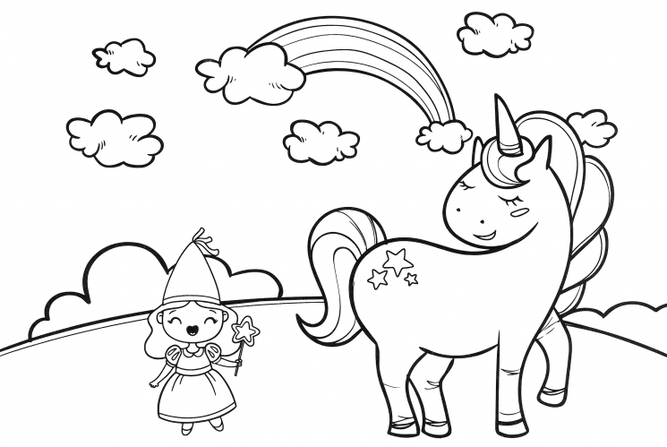 Unicorn and a little fairy coloring page