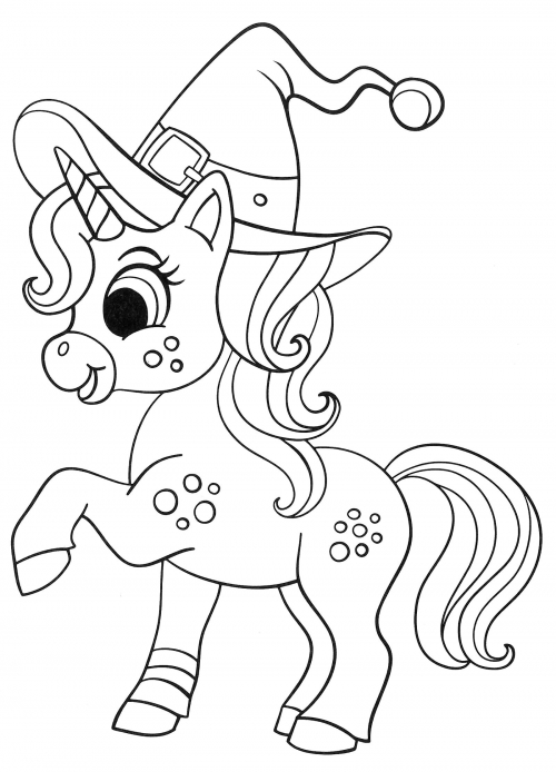 Unicorn in a hat coloring page